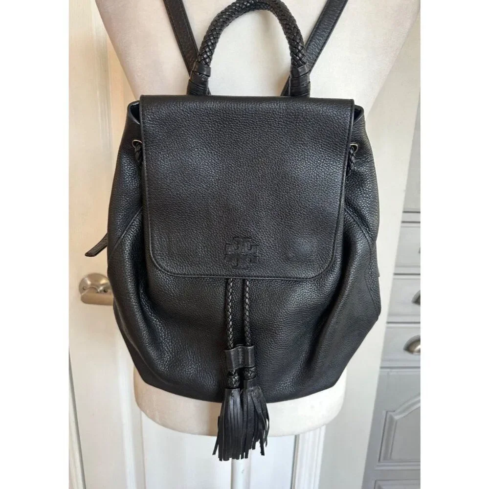 Tory Burch Pebbled Leather Backpack - Black Tasseled Designer Luxury